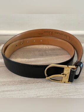 VTG Christian Dior Men’s 36 Black Leather Belt Gold Buckle